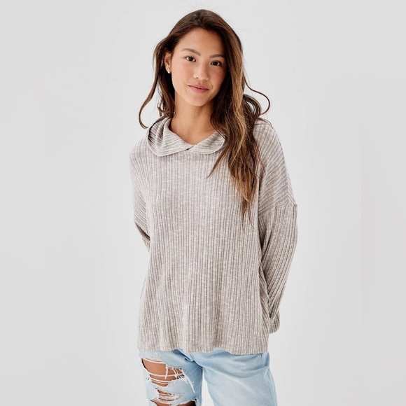 American Eagle Plush Lightweight Ribbed Hoodie Heather Gray Size XS - Picture 1 of 9